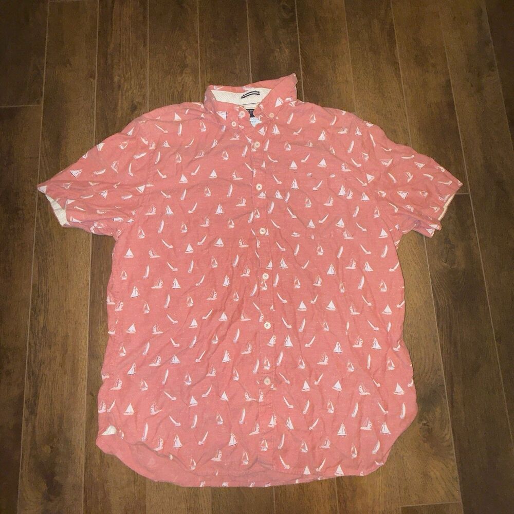 Denim & Flower Men's XL Slim Fit Pink Button Up Shirt Short Sleeve Sailboats